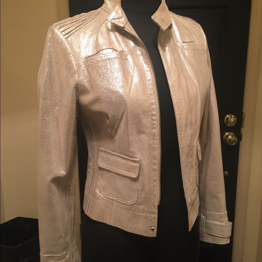 Silver/ Gold Leather Bomber Motorcycle Jacket